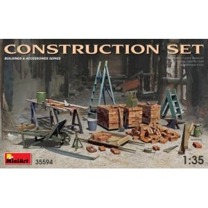 MiniArt 35594 - Construction Set Kit Ladders, Table, Buckets, Bricks, Cart, Anvil, Beams, Jack Stand & Tools